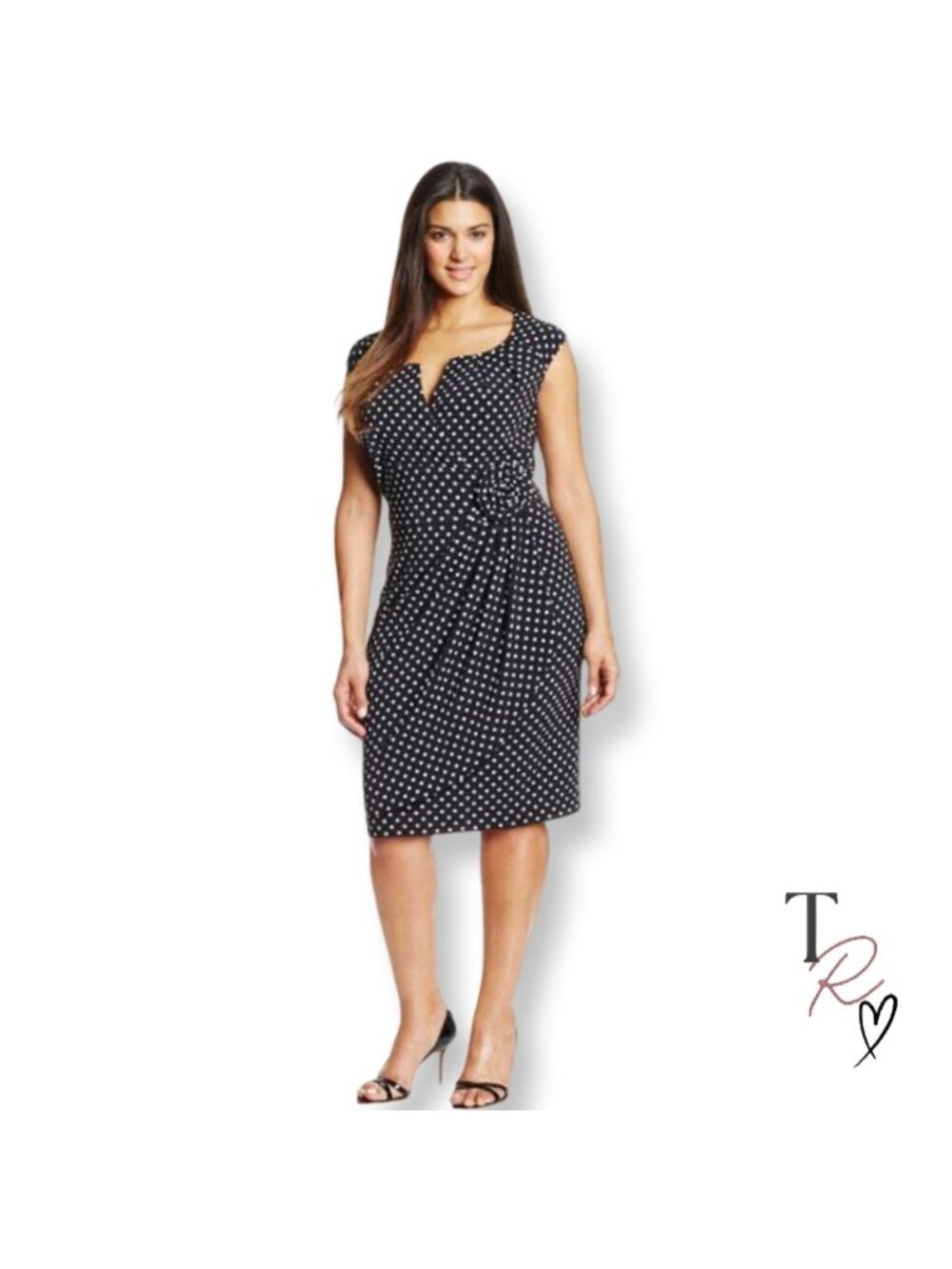 Adrianna Papell Polka Dot Faux Wrap Sheath Dress Rosette Detail Black Size 16